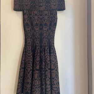 Alaia Animal Print Black Fit and Flare Off the Shoulder Cocktail Mini Dress